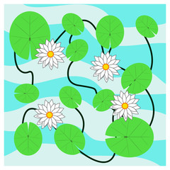 White waterlily pattern in blue wave background