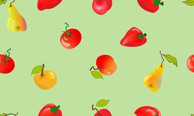Positive pattern with fruits and vegetables on a green background.
Vector decorative composition.