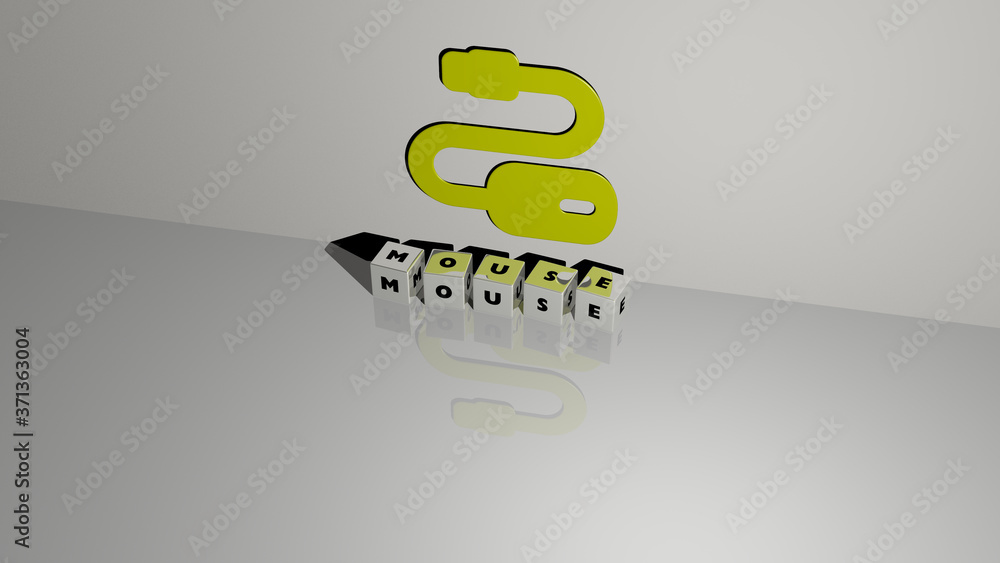 Poster mouse text of cubic dice letters on the floor and 3d icon on the wall - 3d illustration for backgrou