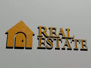 Deurstickers real estate icon and text on the wall - 3D illustration for house and background © Ali