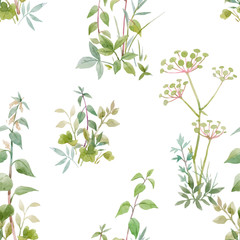 Beautiful vector seamless floral pattern with watercolor forest plants. Stock illustration.