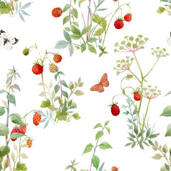 Beautiful vector seamless floral pattern with watercolor forest plants and berries. Stock illustration.