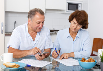 Fototapeta na wymiar Smiling mature couple at table in home kitchen filling up documents and using phone