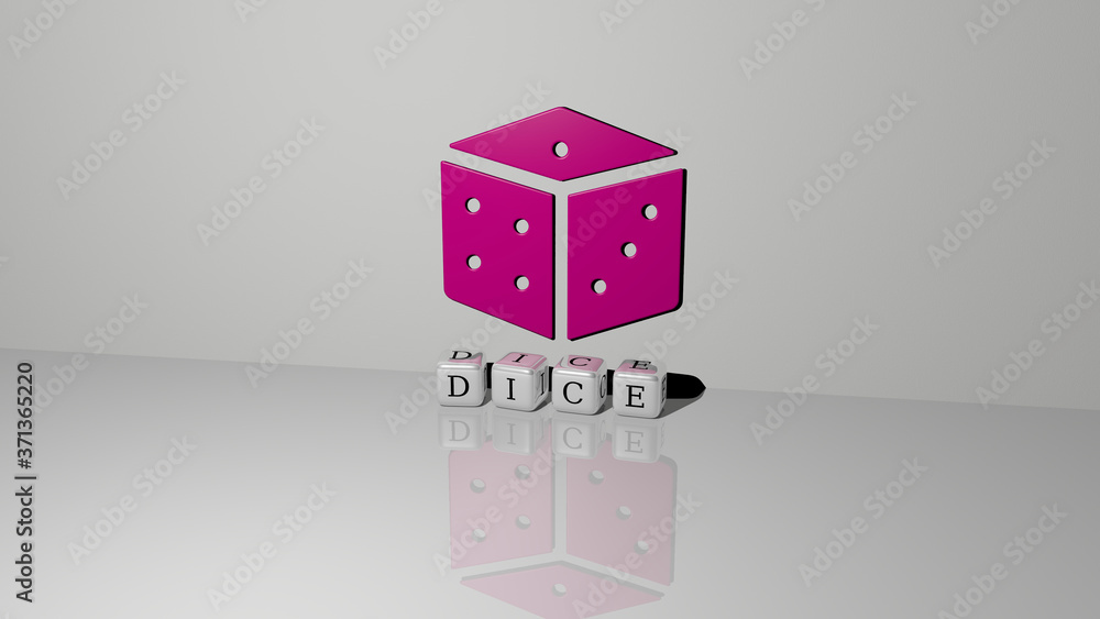 Aufkleber dice text of cubic dice letters on the floor and 3d icon on the wall - 3d illustration for backgroun