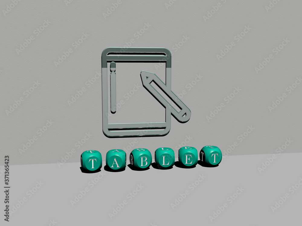 Poster 3d graphical image of tablet vertically along with text built by metallic cubic letters from the top