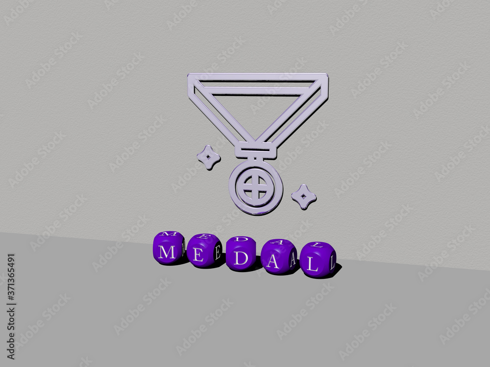 Poster 3d representation of medal with icon on the wall and text arranged by metallic cubic letters on a mi