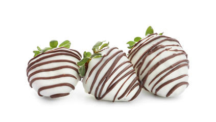 Tasty strawberry dipped in chocolate on white background