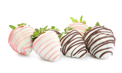 Tasty strawberry dipped in chocolate on white background