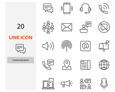 set of communication thin line icons, contact, video call