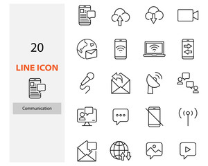 set of communication thin line icons, contact, video call