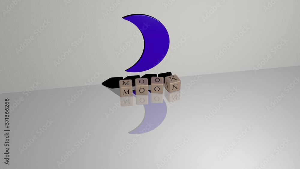 Poster moon text of cubic dice letters on the floor and 3d icon on the wall - 3d illustration for backgroun