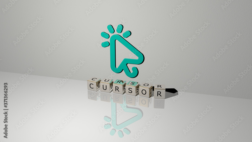 Poster cursor text of cubic dice letters on the floor and 3d icon on the wall - 3d illustration for arrow a