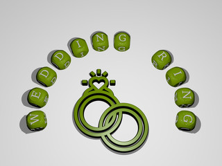 wedding ring icon surrounded by the text of individual letters - 3D illustration for background and design