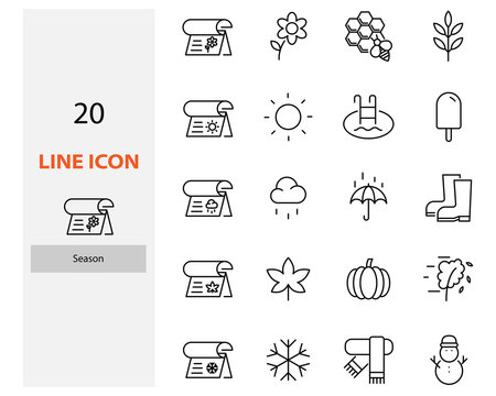 set of season thin line icons, winter, rainny, summer, autumn, spring