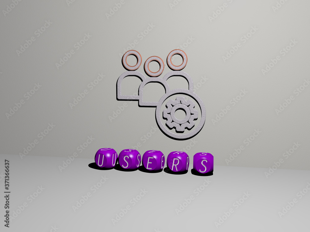 Poster 3d illustration of users graphics and text made by metallic dice letters for the related meanings of