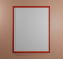 Wooden blank frame on light brown wall. Mock up. Vertical poster frame on wall. 3d rendered illustration. 
