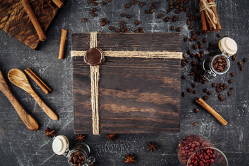 Dark wooden bow on the decorated concrete table