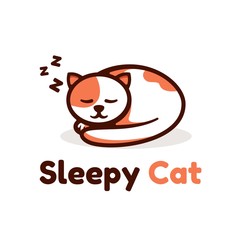 Vector Logo Illustration Sleepy Cat Simple Mascot Style.