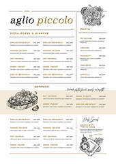 Restaurant vertical menu template. Italian cafe identity. Pasta and bruschetta. Minimalist style. Engraved illustrations. Vector illustration