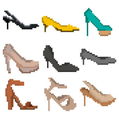 A set of nine pixel women's shoes for games, websites, design and more.