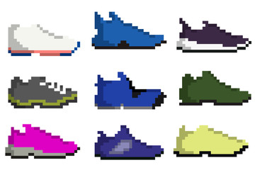 A set of nine pixel sneakers for games, websites, design, and more.
