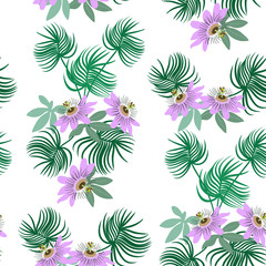 Seamless vector illustration with passiflora flowers and tropical leaves