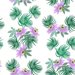 Foto auf Acrylglas Seamless vector illustration with passiflora flowers and tropical leaves © Nadezhda