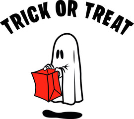 Halloween Ghost Holding a Paper Grocery Bag and saying Treat or Treat 