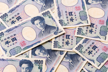 Close-up of Japanese currency yen bank notes