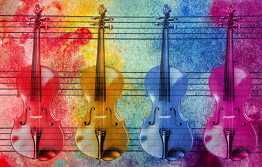 Melody concept. Old music sheet in colorful watercolor paint and violins. Abstract colorful watercolor background. Colors of rainbow