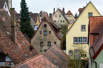 View from town wall of facades and roofs of medieval old town Rothenburg ob der Tauber, Bavaria,...