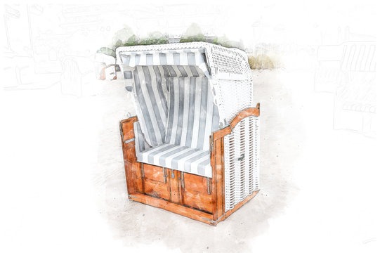 Aquarell Illustration Malerei von einem Strandkorb am Nordseestrand 