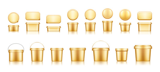 Golden bucket mockups for ice cream, yogurt, cheese, mayonnaise, butter or paint. Blank plastic food package container. Product template for branding or presentation. 3d realistic vector illustration © Kusandra