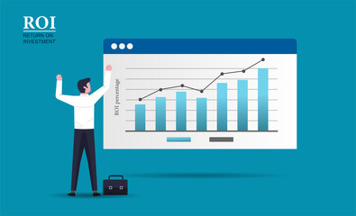 Joyful businessman character standing look at the growth bar chart business illustration. Return on investment concept design.