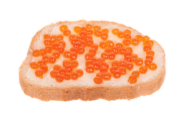 Luxury red caviar on white bread, expensive healthy seafood, isolated on white background.