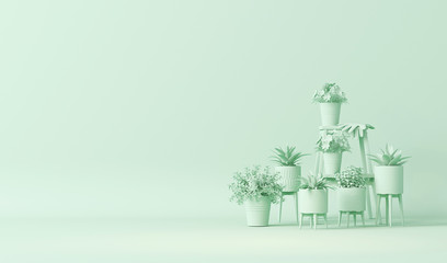 Fototapeta premium Green monochrome plant and vase on pastel blue background, Light background with copy space. 3D rendering for web page, presentation or picture frame backgrounds. 