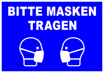 ds291 DiskretionSchild - german - Blaues Schild mit Text in weiß: BITTE MASKEN TRAGEN - (2 persons wearing face protection) - Maskenpflicht - poster - DIN A1 A2 A3 A4 g9869