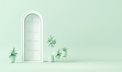 White door and plant concept, decorative vase  in plain monochrome pastel blue color. Light background with copy space. 3D rendering for web page, presentation or picture frame backgrounds, minimalist