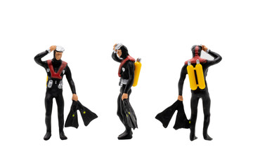 Miniature people : Scuba diver isolated on white background with clipping path