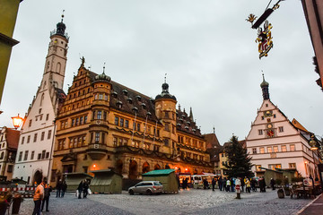 Old Town Hall Rathaus on main square in old town Rothenburg ob der Tauber, Bavaria, Germany. November 2014