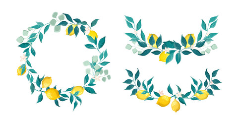 Wreaths and frames from lemons and leaves with flowers isolated on a white background. Postcard clip art, decorative botanical set.