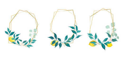 Golden frames for cards with leaves and fruits of lemons on a white background. Collection romantic card, wedding invitation