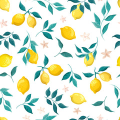 Lemons fruits with leaves on a white background. Botanical illustration, seamless pattern.