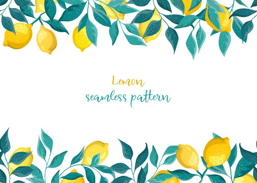 Frame, seamless pattern of lemons and leaves with flowers on a white background. Summer illustration, copy space.
