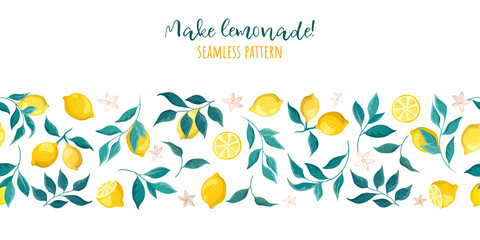 Frame, seamless pattern of lemons and leaves with flowers on a white background. Summer illustration, copy space.