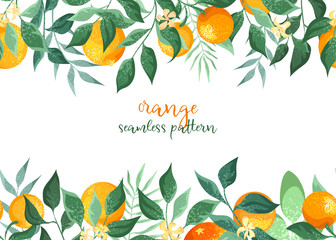 Branches of oranges in flowers on a white background. Frame of decorative botanical elements. Seamless pattern.