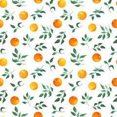 Orange branches and flowers on a white background. Seamless pattern