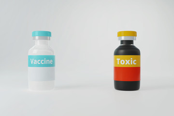 Vaccine in white glass bottle and toxic chemicals in black bottle, Medical health care concept.