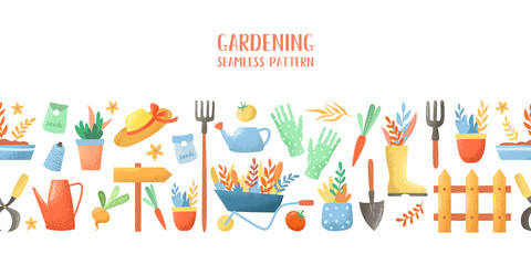 Gardening tools, gardener clothes, potted flowers on a white background. Seamless pattern, frame from doodle elements.