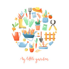 Set of decorative Gardening tools doodle elements on a white background. Round print.